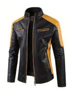 Men's Black Yellow Faux Biker Jacket