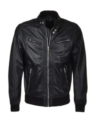 Men's Black Leather Bomber Jacket