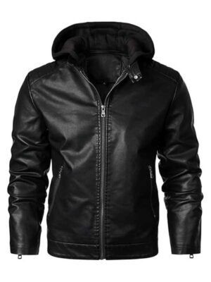 Men's Black Hooded Biker Leather Jacket