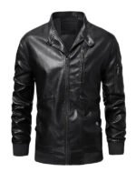 Men's Black Stand Collar Biker Jacket