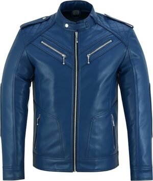 Quilted Shoulder Blue Biker Jacket