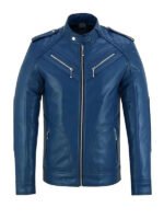 Quilted Shoulder Blue Biker Jacket