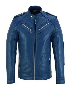 Quilted Shoulder Blue Biker Jacket