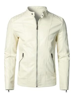 Men's Casual Biker White Leather Jacket