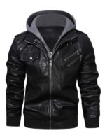 Men's Hooded Biker Black Leather Jacket