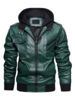 Men's Hooded Biker Green Leather Jacket