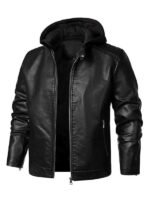 men's black leather hooded jacket