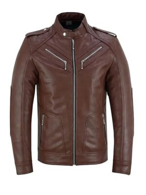 Quilted Shoulder Brown Biker Jacket