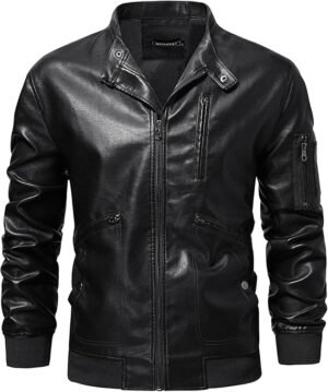 Men's Black Stand Collar Biker Jacket