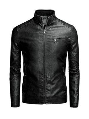 Men's Black Stand Collar Biker Jacket