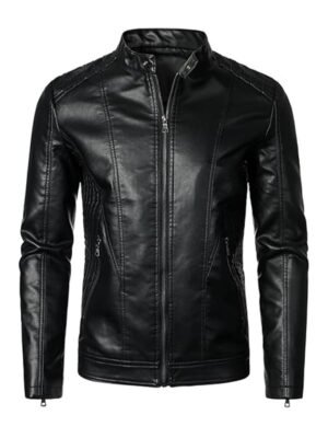 Men's Stand Collar Black Leather Jacket