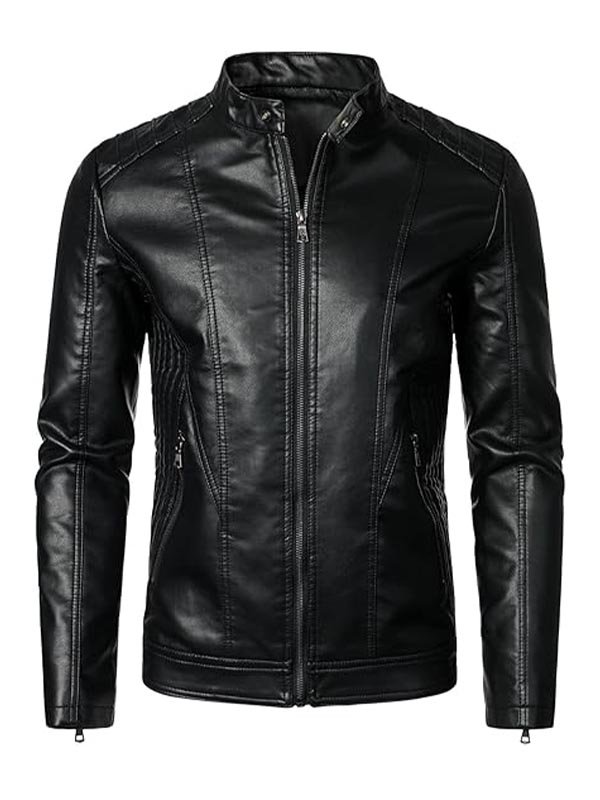 Men's Stand Collar Black Leather Jacket