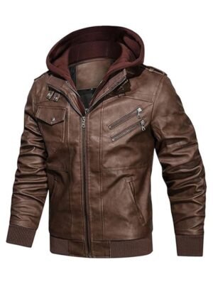 Men's Stand Collar Brown Hooded Jacket