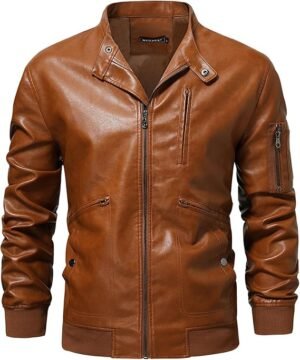 Men's Tan Brown Stand Collar Biker Jacket