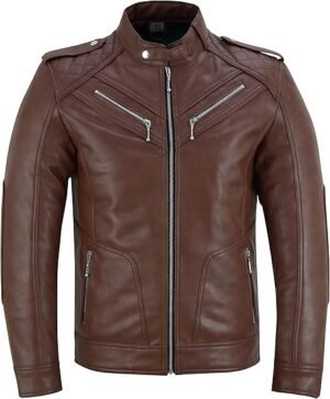 Quilted Shoulder Brown Biker Jacket