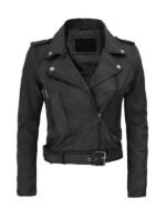 Women's Black Belted Biker Leather Jacket