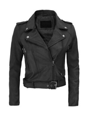 Women's Black Belted Biker Leather Jacket