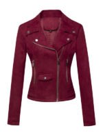 Women's Maroon Biker Asymmetrical Zipper Suede Jacket