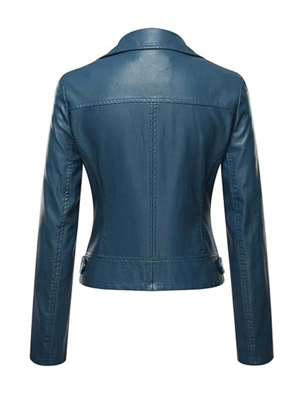 Women's Blue Short Body Leather Biker Jacket