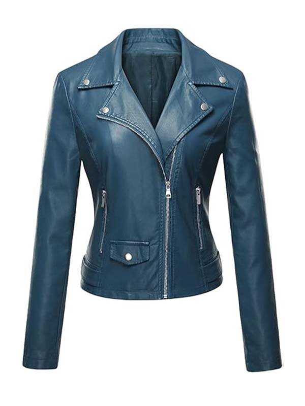 Women's Short Body Slimfit Blue Leather Jacket