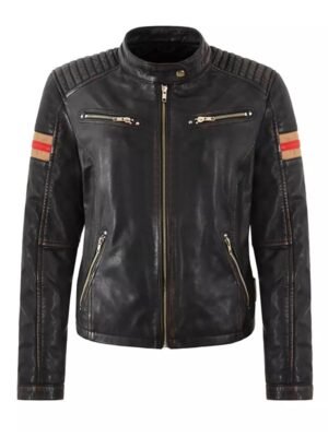 Women's Red And Brown Strip Leather Jacket