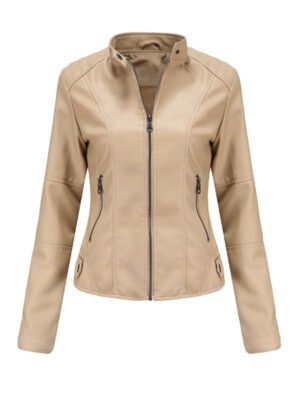 Women's Beige Slimfit Moto Biker Leather Jacket