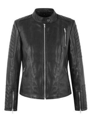 Women's Snap Collar Black Leather Jacket