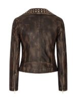 Women's Asymmetrical Zipper Distress Brown Studded Jacket