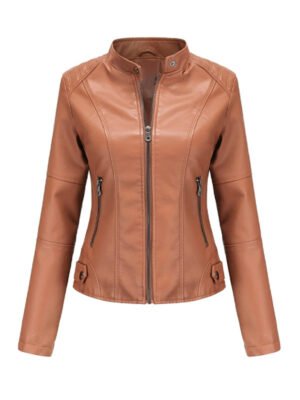 Women's Tan Brown Slimfit Moto Biker Leather Jacket