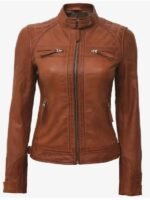 Women's Tan Brown Quilted Shoulder Leather Jacket