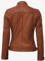 Women's Tan Brown Quilted Shoulder Leather Jacket