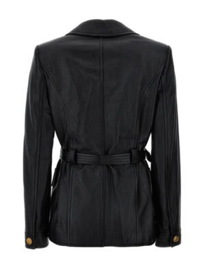 Black Leather Belted Design Jacket For Women