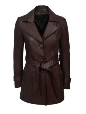 Women's Brown Leather Belted Coat