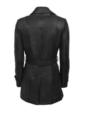 Women's Black Leather Belted Coat