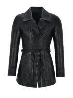 Women's Black Leather Belted Coat