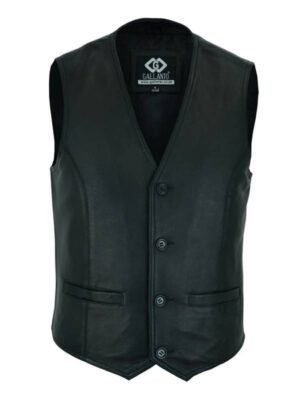 Men's V Neck Black Leather Vest