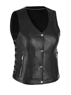 Women's Black V-Neck Leather Vest