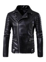 Men's Black Asymmetrical Lapel Leather Jacket