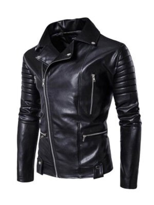 Men's Black Asymmetrical Lapel Leather Jacket