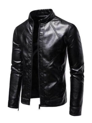 Men's Black Stand Collar Motorcycle Jacket