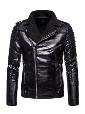 Men's Shearling Collar Black Bomber Jacket