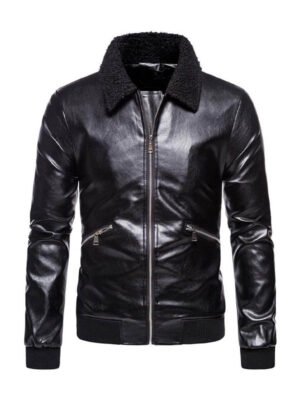 Men's Shearling Collar Black Bomber Jacket