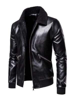 Men's Shearling Collar Black Bomber Jacket