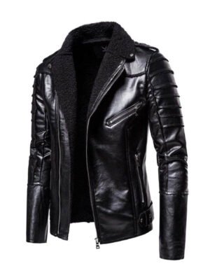 Men's Shearling Collar Black Bomber Jacket