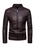 Men's Stand Collar Brown Motorcycle Jacket