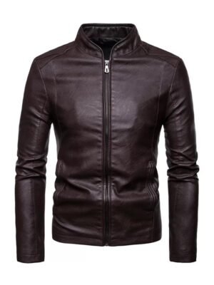 Men's Stand Collar Brown Motorcycle Jacket