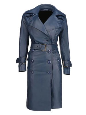 Women's Long Blue Leather Coat